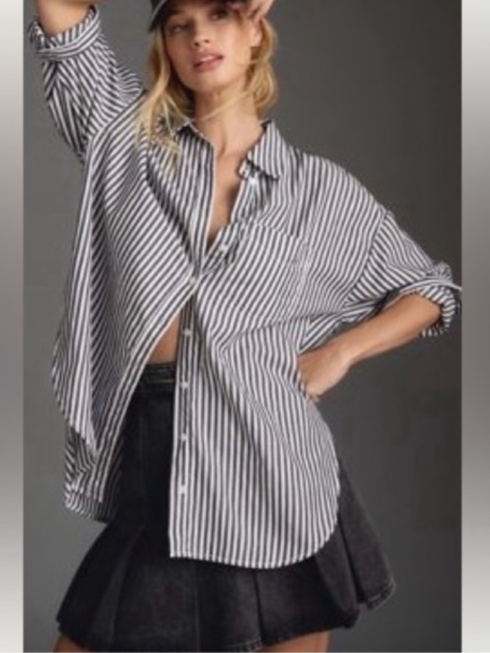 NWT Anthropologie The Bennet Buttondown Shirt by Maeve Anthracite Stripe Sz S